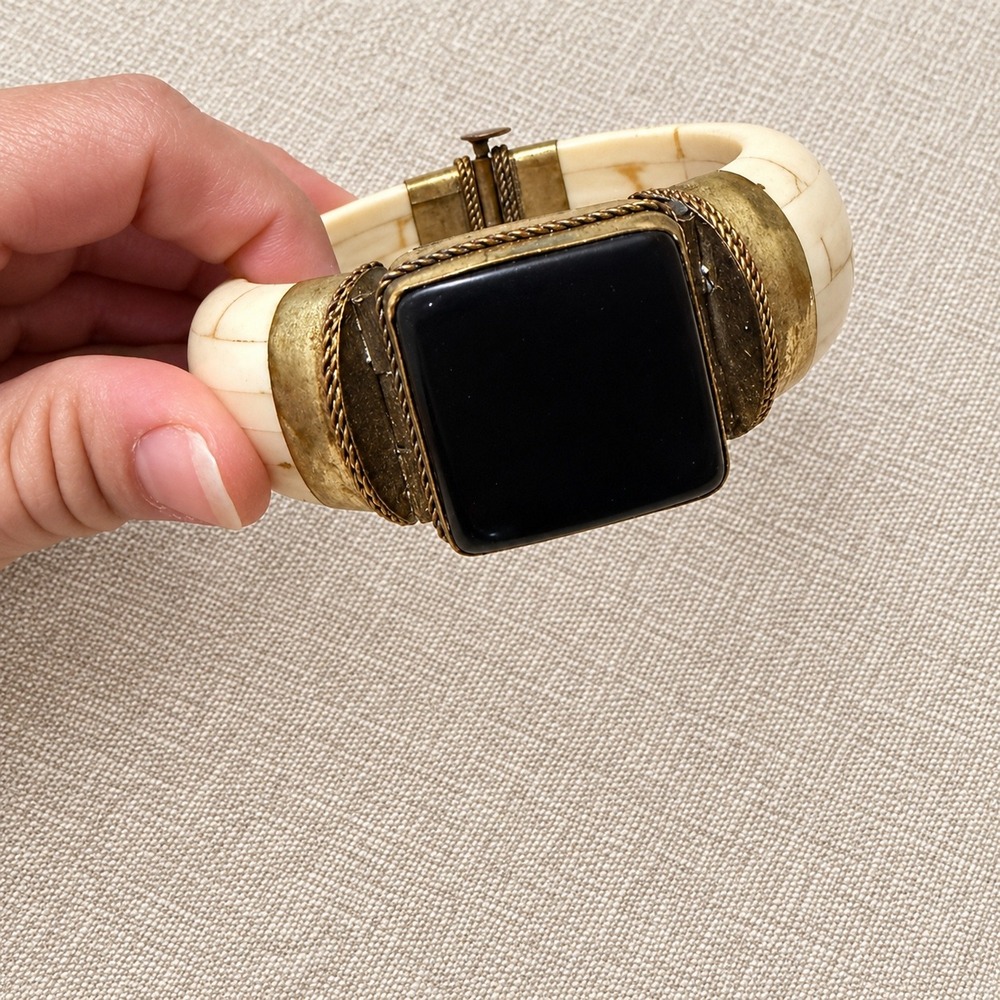 Vintage Y2K Urban Outfitters Bone Mosaic Hinge Bangle Bracelet Black Cabochon